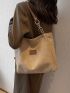 Letter Patch & Chain Decor Faux Suede Shoulder Tote Bag