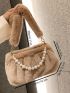 Faux Pearl Beaded Fuzzy Ruched Bag