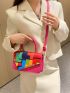 Neon Pink Geometric Pattern Colorblock Flap Square Bag