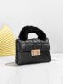 Twist Lock Fuzzy Handle Quilted Flap Chain Square Bag