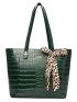 4pcs Crocodile Embossed Twilly Scarf Decor Shoulder Tote Bag Set, Best Work Bag For Women