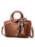 Crocodile Embossed Twilly Scarf Decor Top Handle Bag
