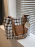 Plaid & Letter Graphic Tweed Shoulder Tote Bag With Cartoon Bag Charm