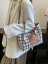 Plaid & Letter Graphic Tweed Shoulder Tote Bag With Cartoon Bag Charm