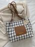 Plaid & Letter Graphic Tweed Shoulder Tote Bag With Cartoon Bag Charm