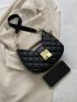 Quilted Detail Faux Pearl Decor Hobo Bag