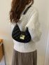 Quilted Detail Faux Pearl Decor Hobo Bag