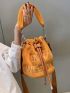 Letter Embroidered Drawstring Design Velvet Bucket Bag