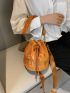Letter Embroidered Drawstring Design Velvet Bucket Bag