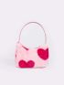 Heart Pattern Fuzzy Hobo Bag
