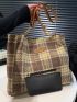 Plaid Pattern Patch Detail Shoulder Tote Bag With Purse, Best Work Bag For Women