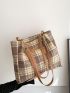 Plaid Pattern Patch Detail Shoulder Tote Bag With Purse, Best Work Bag For Women