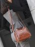 Retro Style Handbag, Women's Simple Zipper Purse Artificial Leather Crossbody Bag Metal Detail Square Bag