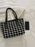 Plaid Pattern Studded Decor Textured Shoulder Bag