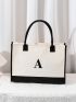 Letter Detail Tote Bag, Women's Simple Canvas Handbag Large Versatile Shopping Bag