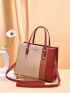 Colorblock Handbag, Women's Stitching Crossbody Bag, Fashion Top Handle Purse Color Block Letter Detail Square Bag, Mothers Day Gift For Mom