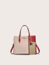 Colorblock Handbag, Women's Stitching Crossbody Bag, Fashion Top Handle Purse Color Block Letter Detail Square Bag, Mothers Day Gift For Mom