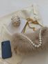 Faux Pearl Decor Fluffy Shoulder Bag