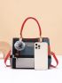 Plaid Pattern Letter Decor Square Bag With Pompom Charm, Mothers Day Gift For Mom