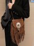 Fringe Trim Suede Crossbody Bag, Small Feather Decor Flap Purse, Women's Boho Style Shoulder Bag