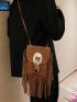 Fringe Trim Suede Crossbody Bag, Small Feather Decor Flap Purse, Women's Boho Style Shoulder Bag