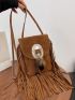 Fringe Trim Suede Crossbody Bag, Small Feather Decor Flap Purse, Women's Boho Style Shoulder Bag