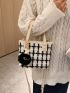 Plaid Pattern Studded Decor Satchel Bag With Cartoon Bag Charm