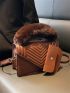 Chevron Detail Fuzzy Top Handle Flap Square Bag With Coin Purse