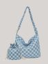 Checkered Pattern Hobo Bag With Drawstring Design Bucket Bag