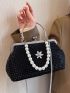 Rhinestone & Faux Pearl Decor Kiss Lock Chain Satchel Bag