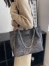 Chain & Letter Patch Decor Shoulder Tote Bag