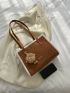 Letter Patch Decor Fuzzy Trim Square Bag With Bag Charm
