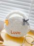 Letter Embroidered Bow Decor Faux Pearl Beaded Fuzzy Novelty Bag