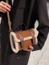 Mini Buckle & Studded Decor Fuzzy Trim Flap Square Bag