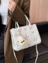 Sequin Decor Fuzzy Square Bag With Cartoon Bag Charm