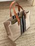 Simple Large-capacity Handbag, Portable Casual Storage Tote Bag, Multifunctional Shopping Satchel Bag Striped Pattern Top Handle Bag