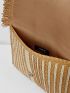 VCAY Striped Pattern Fringe Trim Flap Straw Bag