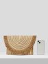 VCAY Striped Pattern Fringe Trim Flap Straw Bag