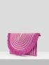 VCAY Striped Pattern Fringe Trim Flap Straw Bag