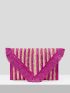 Striped Pattern Fringe Trim Flap Straw Bag