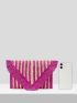 Striped Pattern Fringe Trim Flap Straw Bag