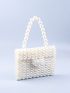 Faux Pearl Decor Flap Satchel Bag