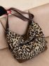 Leopard Pattern Studded Decor Hobo Bag