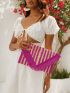 Striped Pattern Fringe Trim Flap Straw Bag