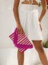 Striped Pattern Fringe Trim Flap Straw Bag