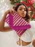 Striped Pattern Fringe Trim Flap Straw Bag