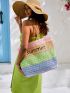 VCAY Letter Graphic Cold Shoulder Straw Bag