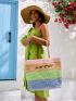 VCAY Letter Graphic Cold Shoulder Straw Bag