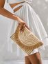 VCAY Striped Pattern Fringe Trim Flap Straw Bag