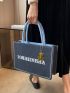 Letter Embroidered Top Handle Bag With Cartoon Charm